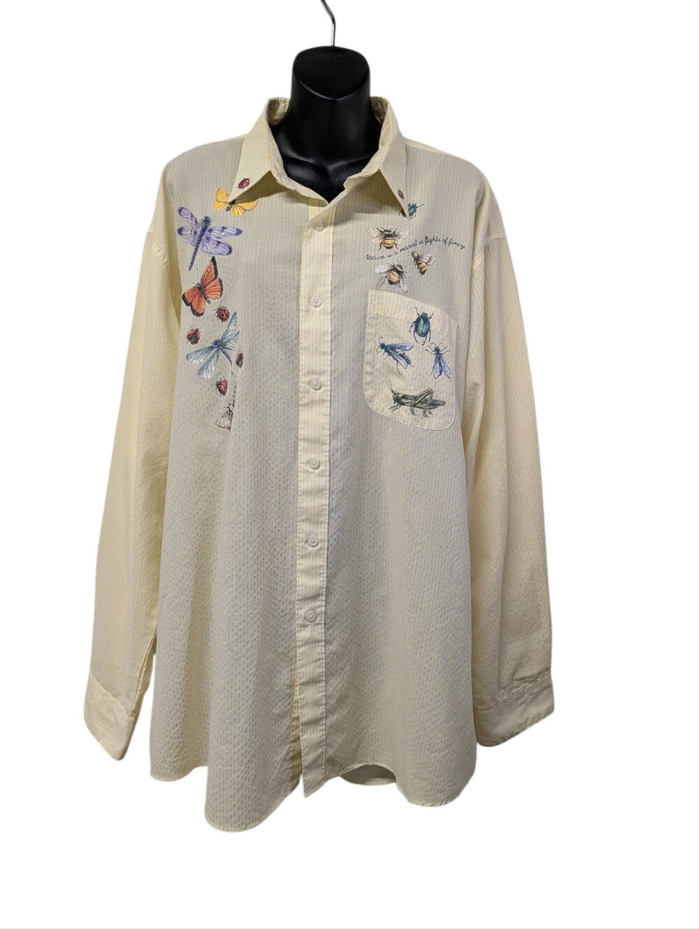 Las Olas Women's Plus Size 1X Yellow/White Striped Butterfly Button Up Shirt